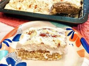 Vanilla cake slice soaked in horchata and topped with whipped cream and cinnamon