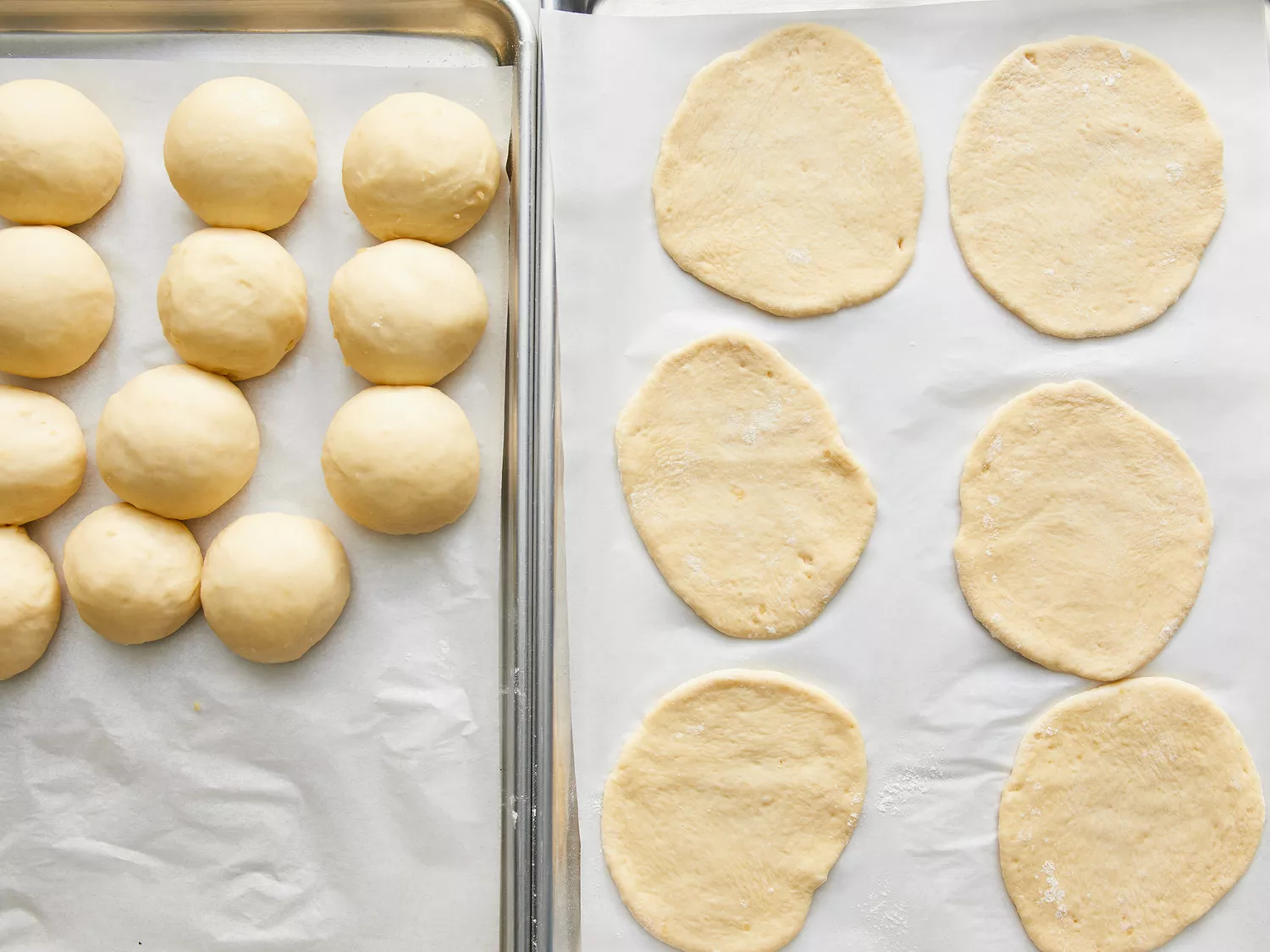 Overhead shot of naan dough balls being rolled flat for cooking