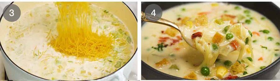 Creamy chicken noodle soup with mini croutons Recipe Creamy chicken noodle soup with mini croutons Recipe