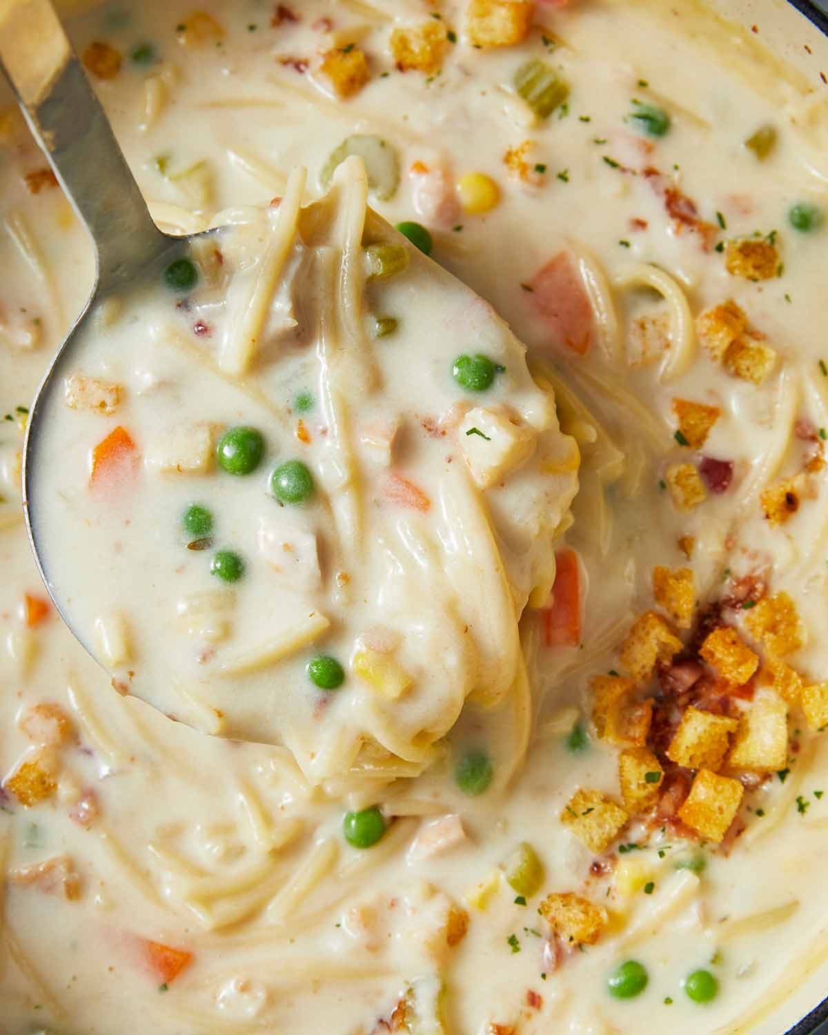 Creamy chicken noodle soup with mini croutons Recipe Serving Creamy chicken noodle soup