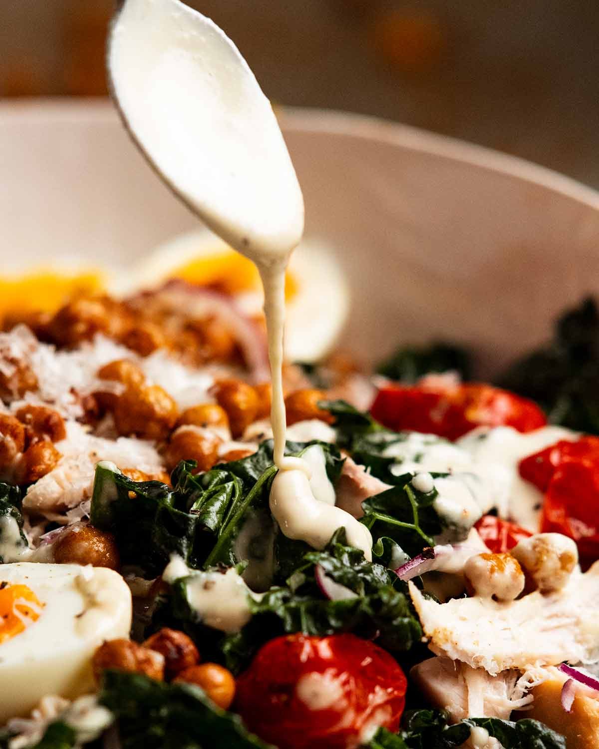 The most amazing Chicken Kale Salad Recipe The best dressing for kale sale - Creamy Parmesan Tahini Dressing