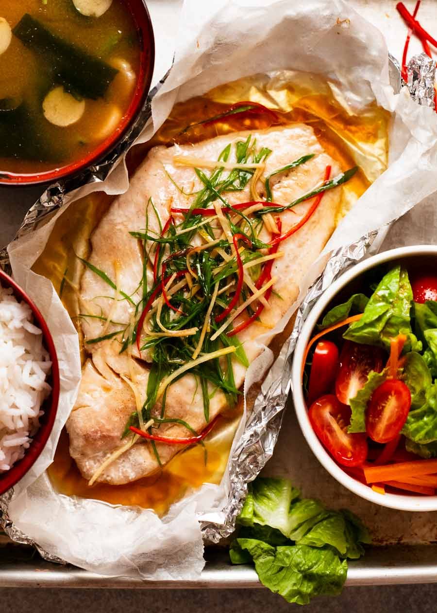 Sizzling Ginger Steamed Fish Recipe Overhead photo of Sizzling ginger fish