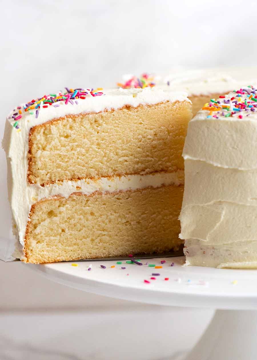 Lemon Cake with Fluffy, Less-Sweet Lemon Frosting Recipe Close up showing the even crumb of the best Vanilla Cake