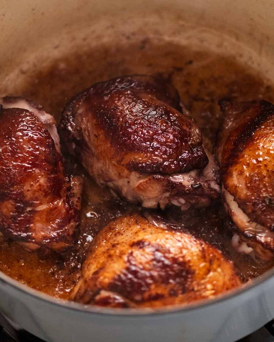 Coq au Vin Recipe Searing chicken for Coq au Vin - French chicken stew