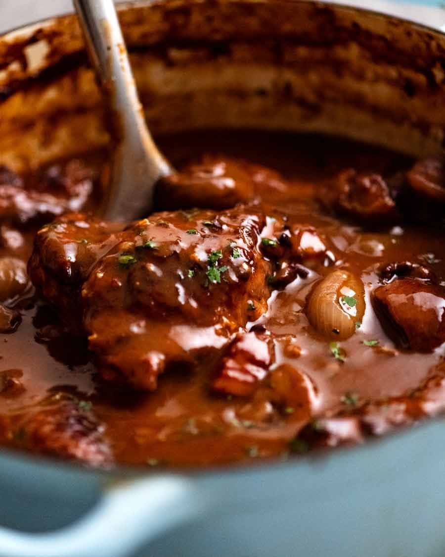 Coq au Vin Recipe Serving freshly cooked Coq au Vin - French chicken stew