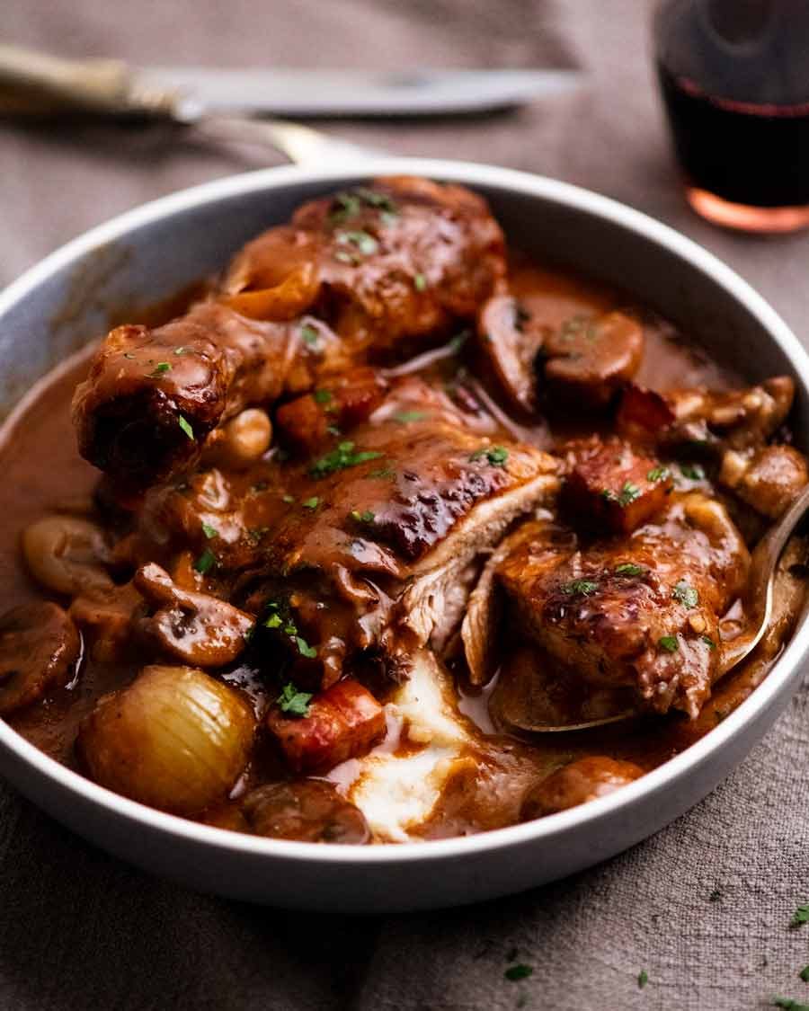 Coq au Vin Recipe Coq au Vin served over mashed potato