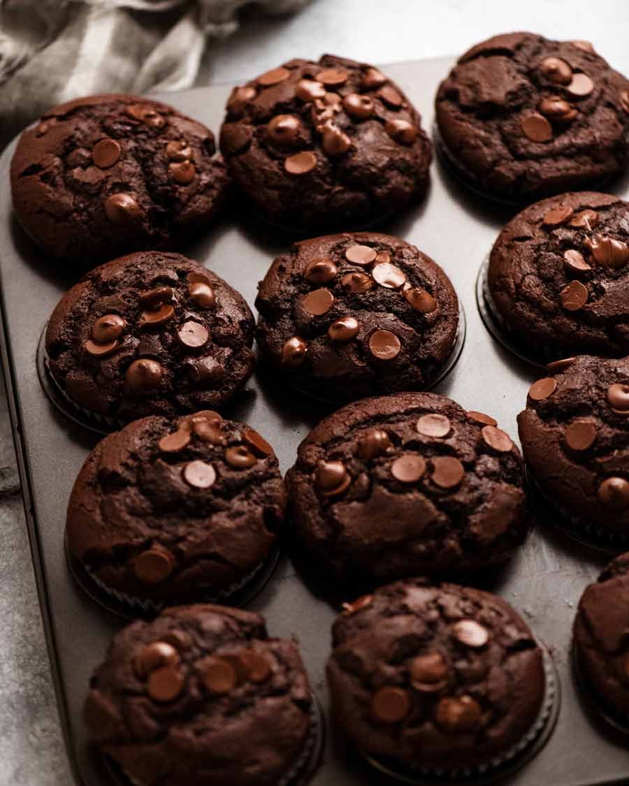 Chocolate Muffins Recipe Muffin tin of freshly baked Chocolate Muffins