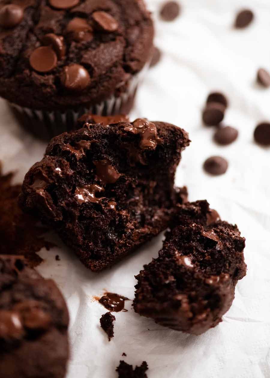 Chocolate Muffins Recipe Showing how moist the inside of the Chocolate Muffin is
