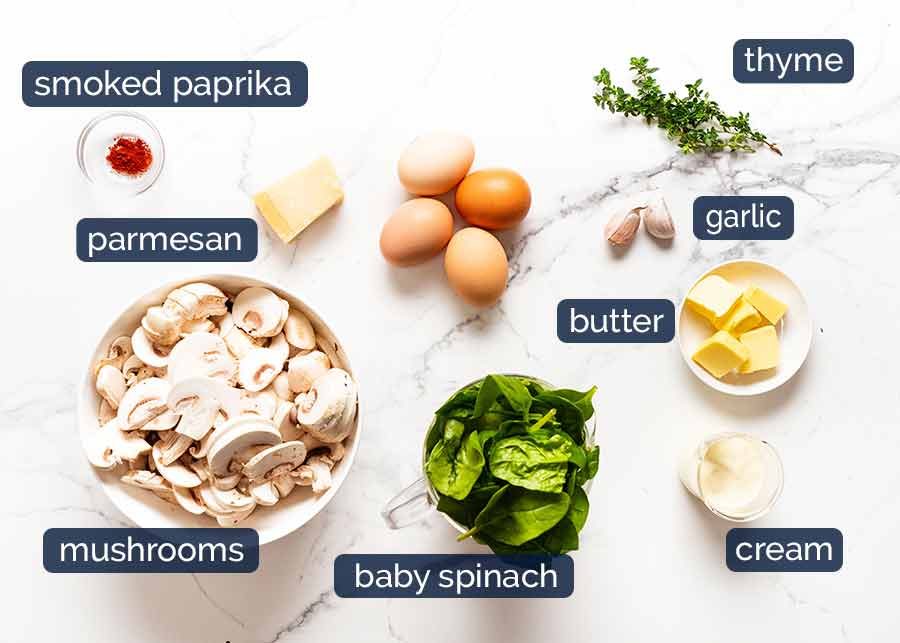 Shirred Eggs (Baked Eggs with Spinach & Mushrooms) Recipe Ingredients in Baked Eggs - Shirred Eggs