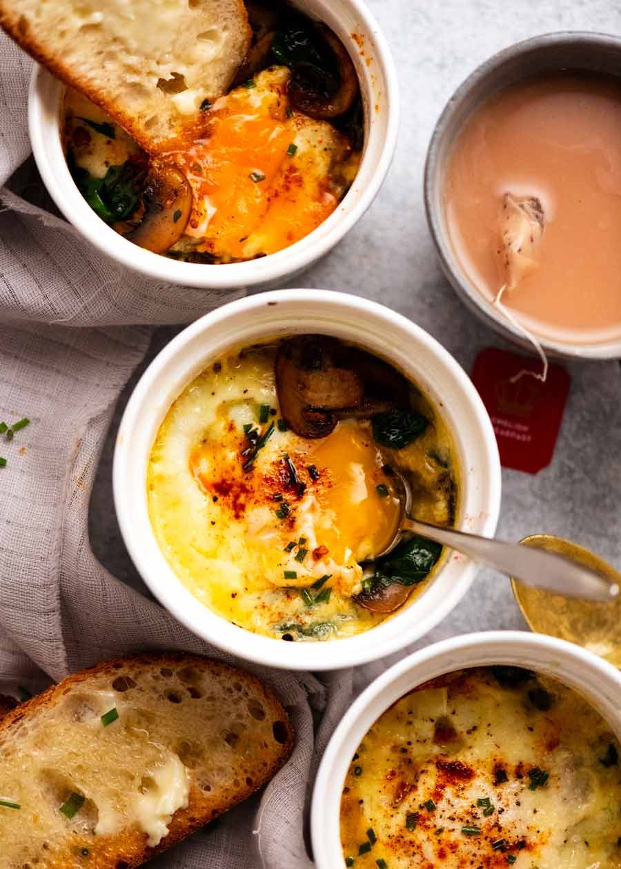 Shirred Eggs (Baked Eggs with Spinach & Mushrooms) Recipe Overhead photo of Baked Eggs - Shirred Eggs