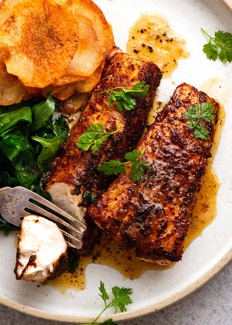 Fish Seasoning (great all-rounder) Recipe Flathead fillets cooked with seasoning on a plate, fresh off the stove