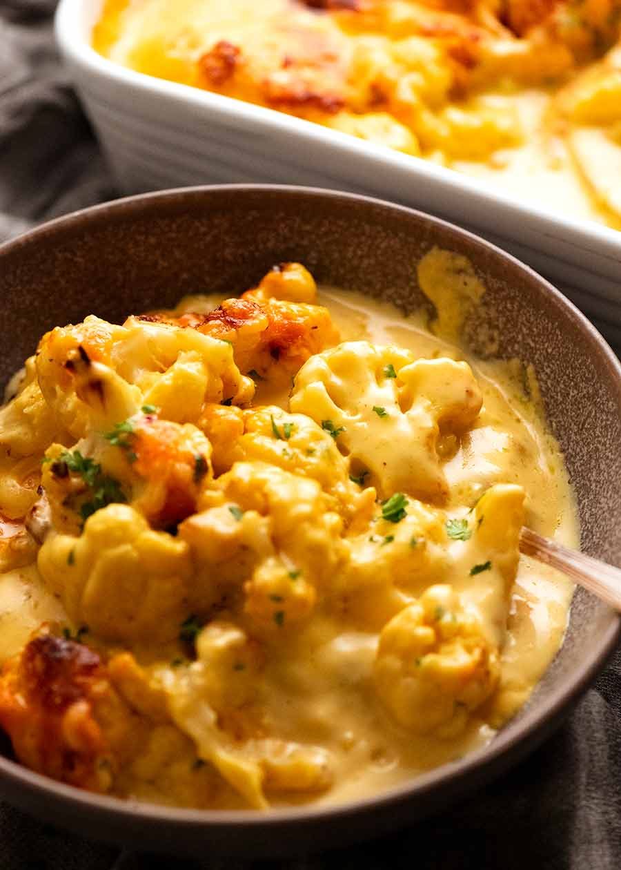 Cauliflower Cheese Recipe Cauliflower Cheese in a bowl, ready to be eaten