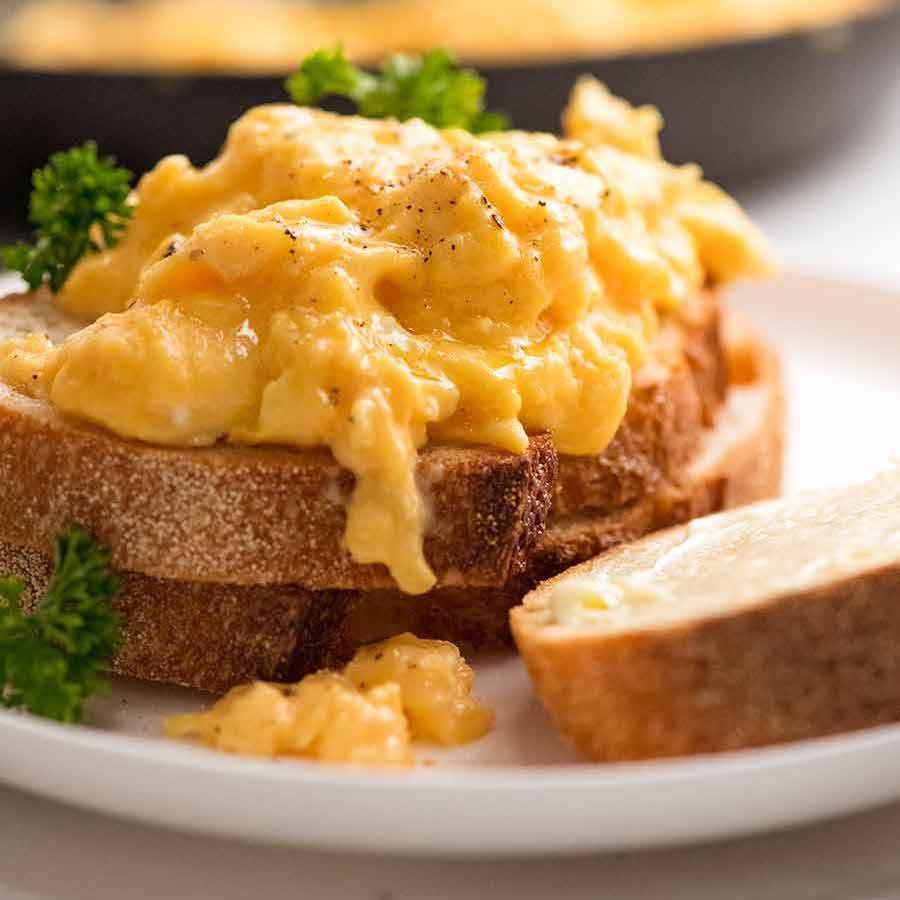 Scrambled Eggs Recipe Soft, custardy scrambled eggs piled onto toast