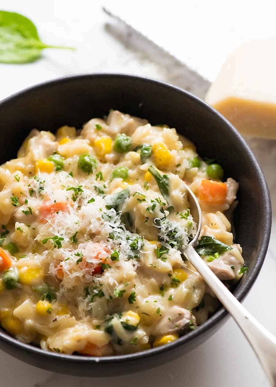 Quick Chicken & Vegetable Risoni recipe (Orzo) Recipe Creamy Chicken Vegetable Orzo in a bowl, ready to be eaten