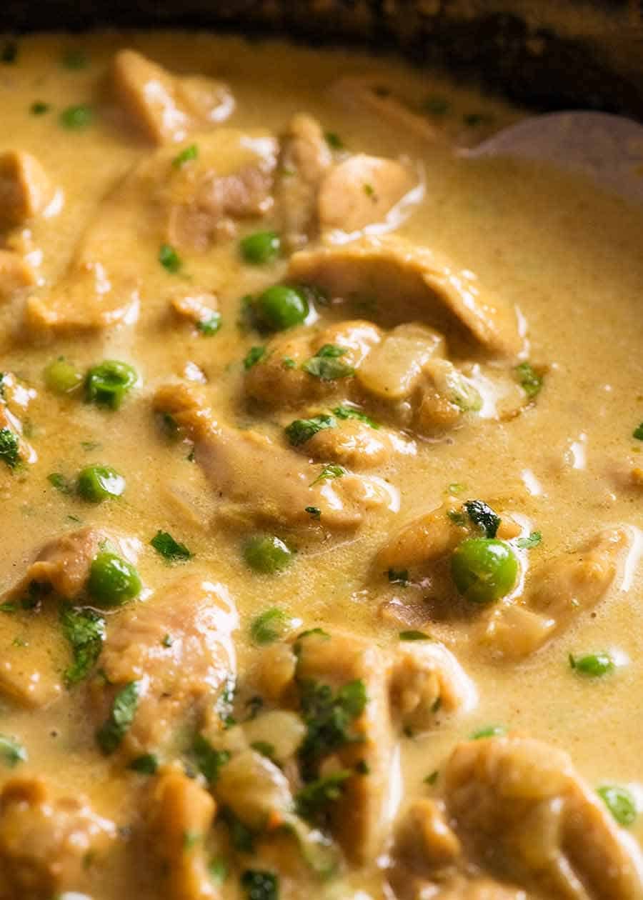 Chicken Curry Recipe Close up of Chicken Curry in a black skillet, fresh off the stove