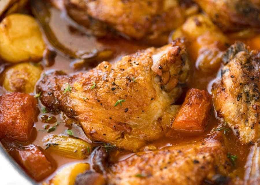 Chicken Stew Recipe Close up of crispy skinned chicken in Chicken Stew