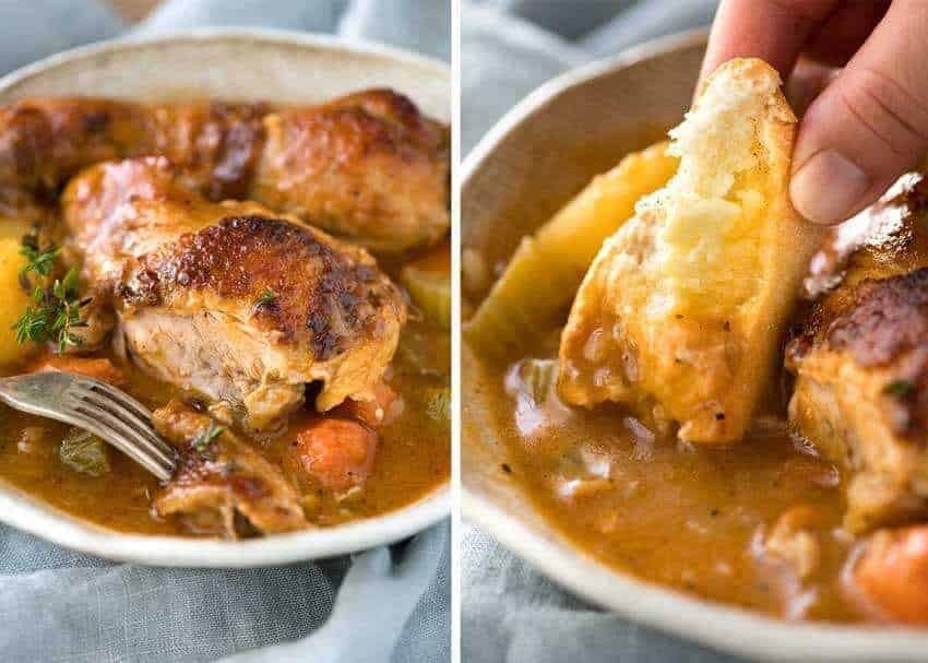Chicken Stew Recipe Close up of Chicken Stew in a rustic brown bowl.