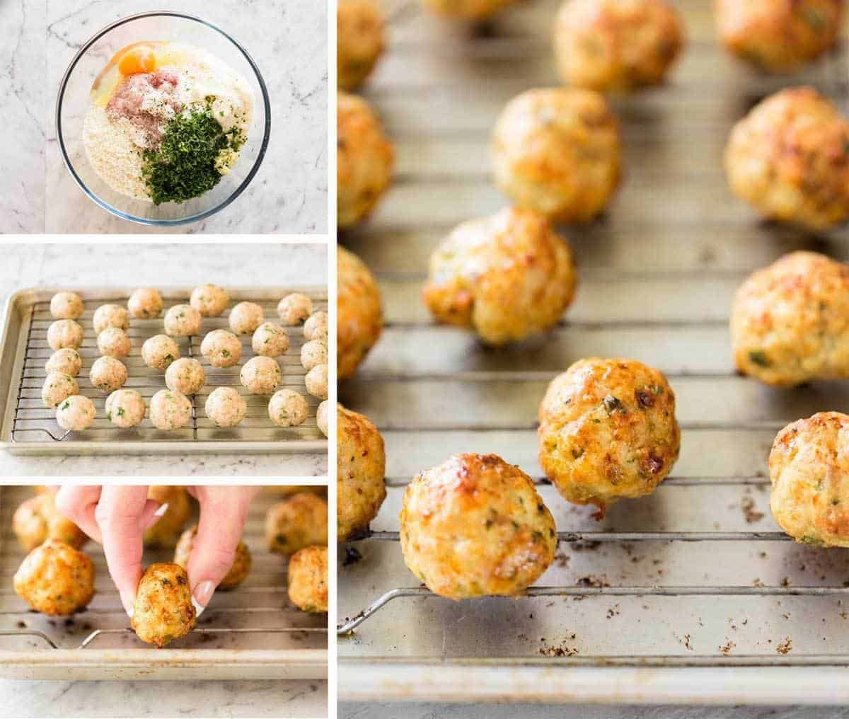 Baked Chicken Meatballs and Spaghetti Recipe Plump, juicy BAKED Chicken Meatballs and Spaghetti! They come out golden brown on the outside, and so soft and juicy on the inside. recipetineats.com