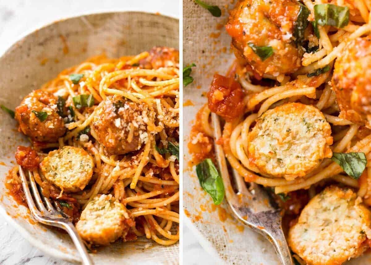 Baked Chicken Meatballs and Spaghetti Recipe Plump, juicy BAKED Chicken Meatballs and Spaghetti! They come out golden brown on the outside, and so soft and juicy on the inside. recipetineats.com