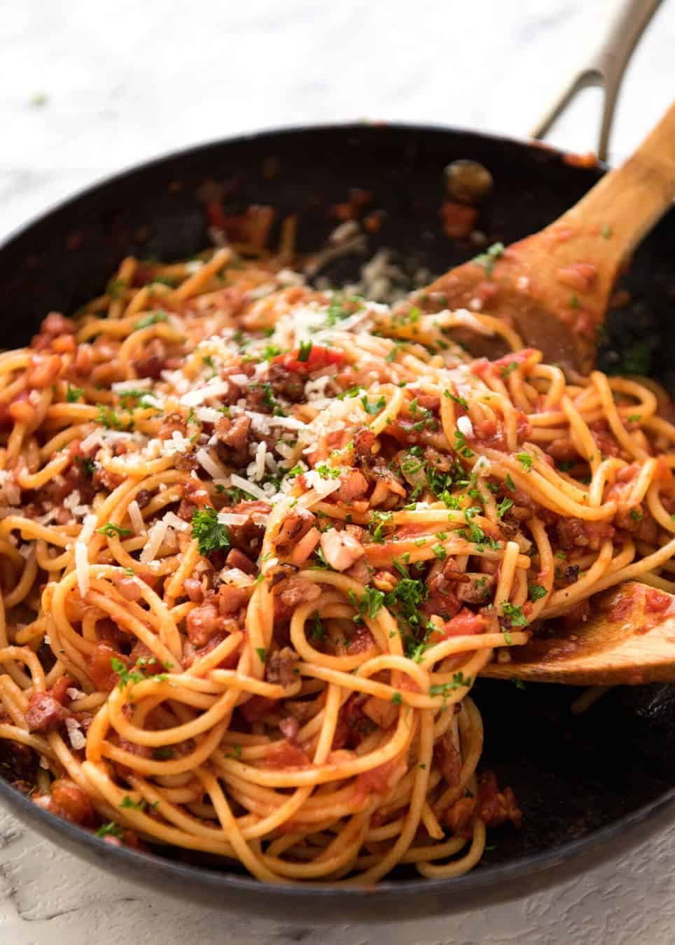 Tomato Bacon Pasta Recipe Simplicity at its best - Bacon Tomato Pasta. 5 ingredients. Utterly irresistible. recipetineats.com