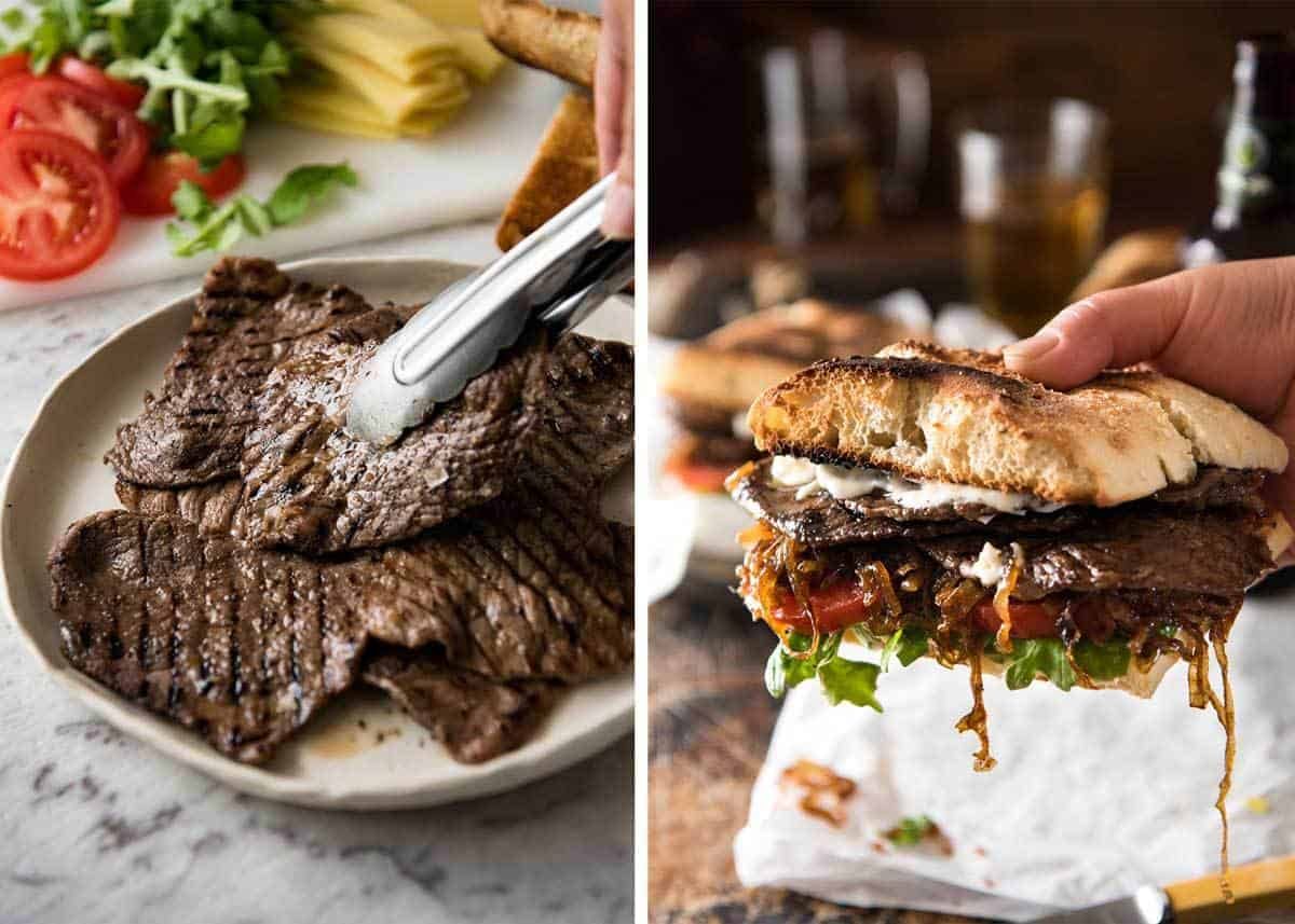 Steak Sandwich Recipe A juicy Steak Sandwich loaded with tender slices of steak, caramelised onion, garlic aioli, lettuce, tomato and mustard. www.recipetineats.com