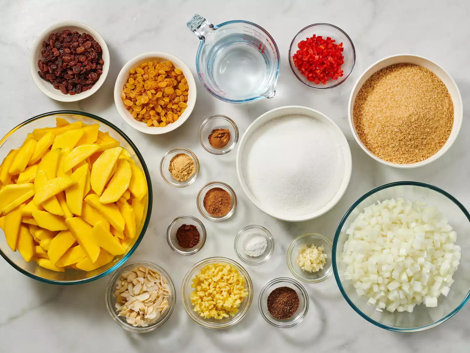 top down view on the ingredients gathered to make mango chutney