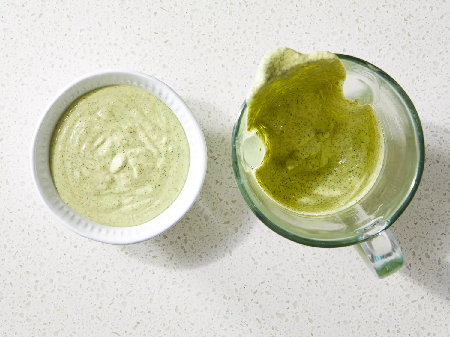 Amy's Cilantro Cream Sauce in a bowl and in a measuring cup 