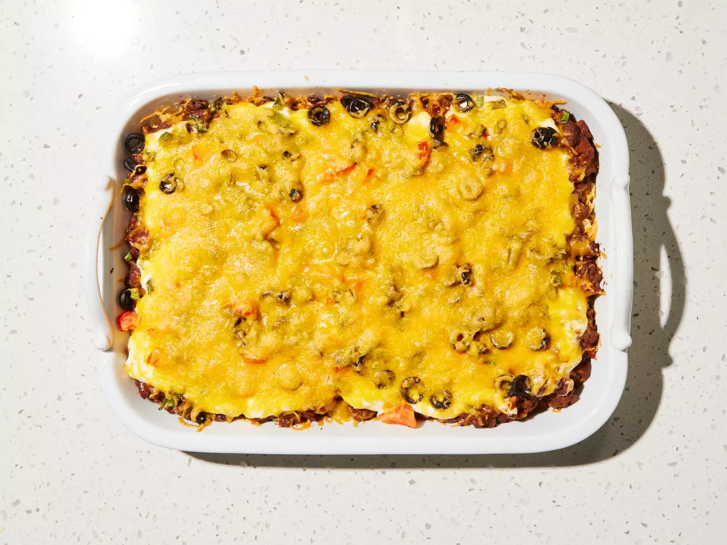 Mexican casserole baked until hot and bubbly