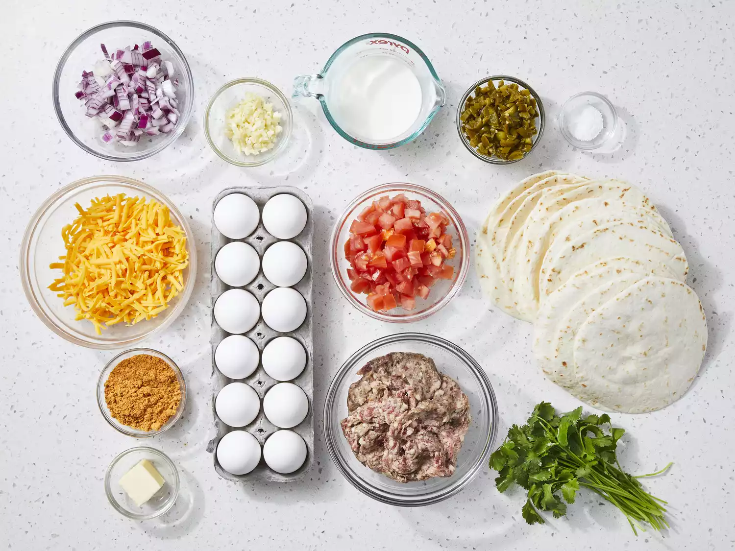 all ingredients gathered to make Southwest breakfast burritos.