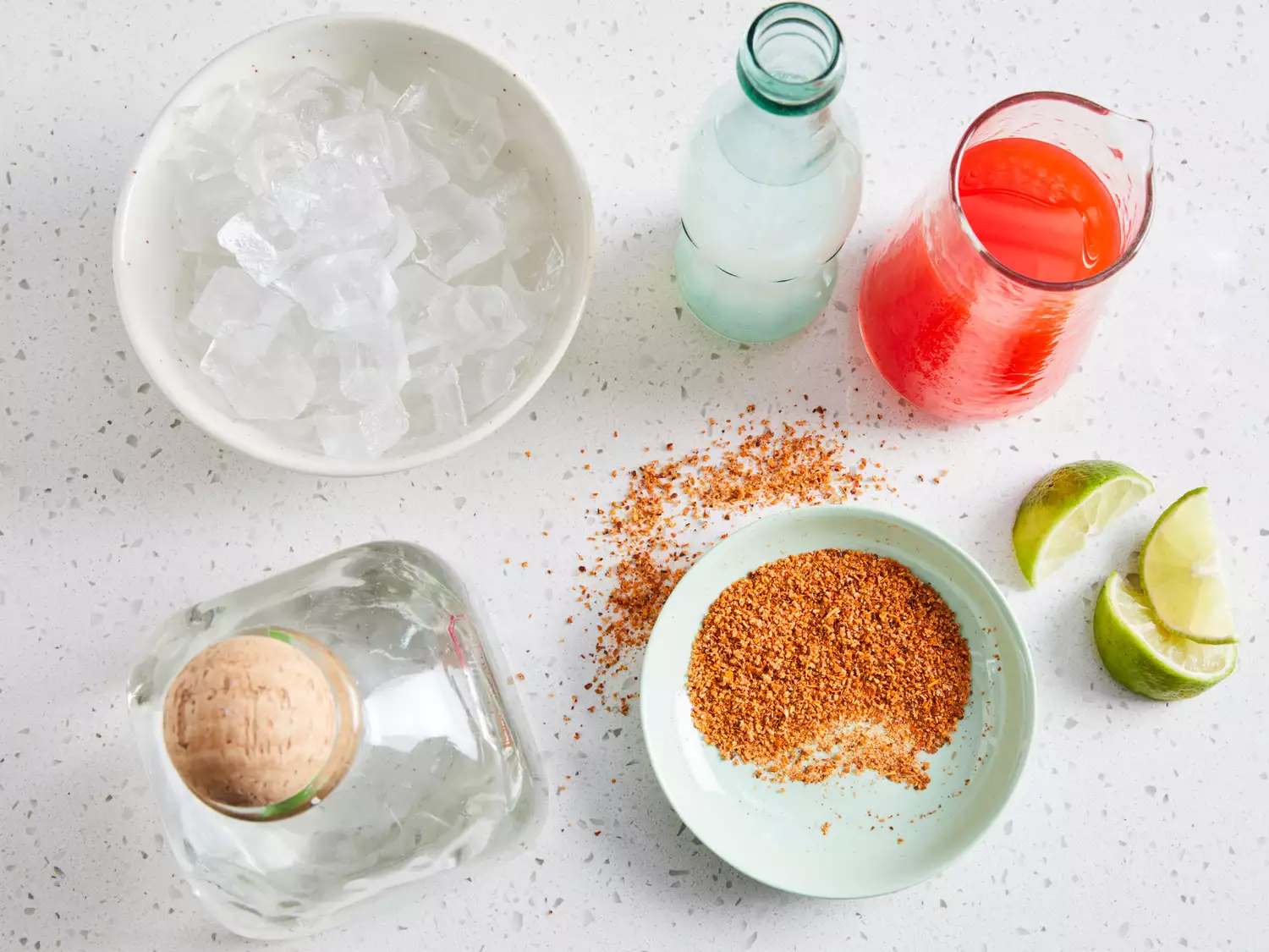 an overhead shot of all ingredients for Mexican Vampire cocktail