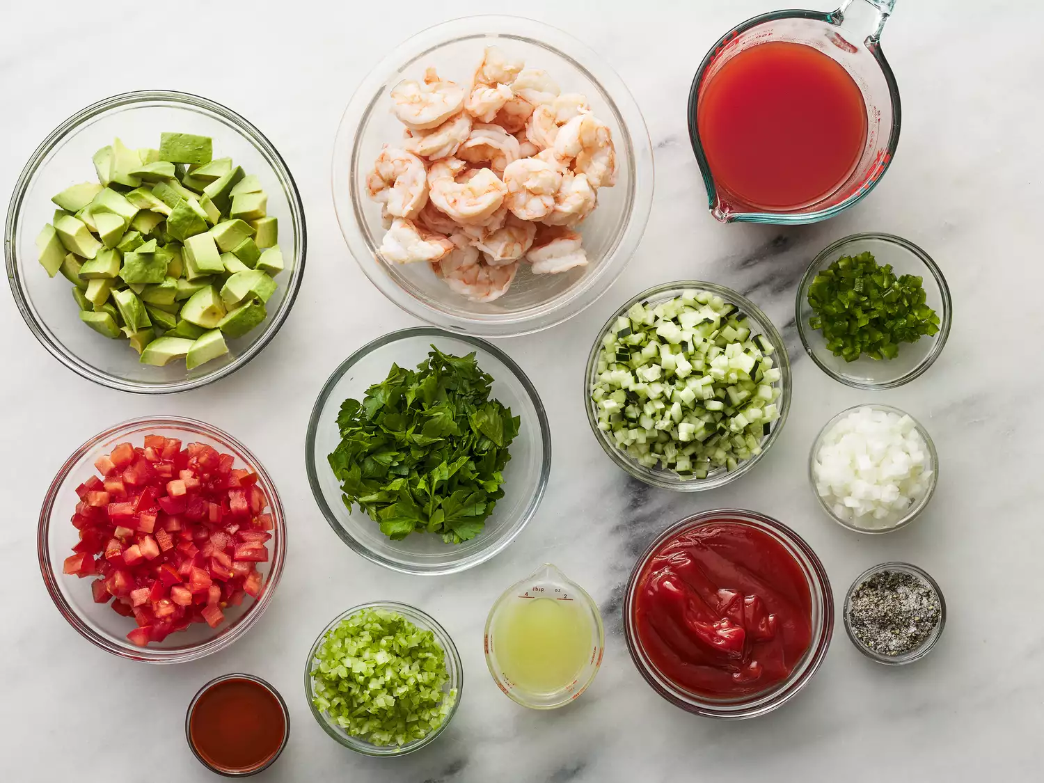 All ingredients gathered to make authentic Mexican shrimp cocktail.