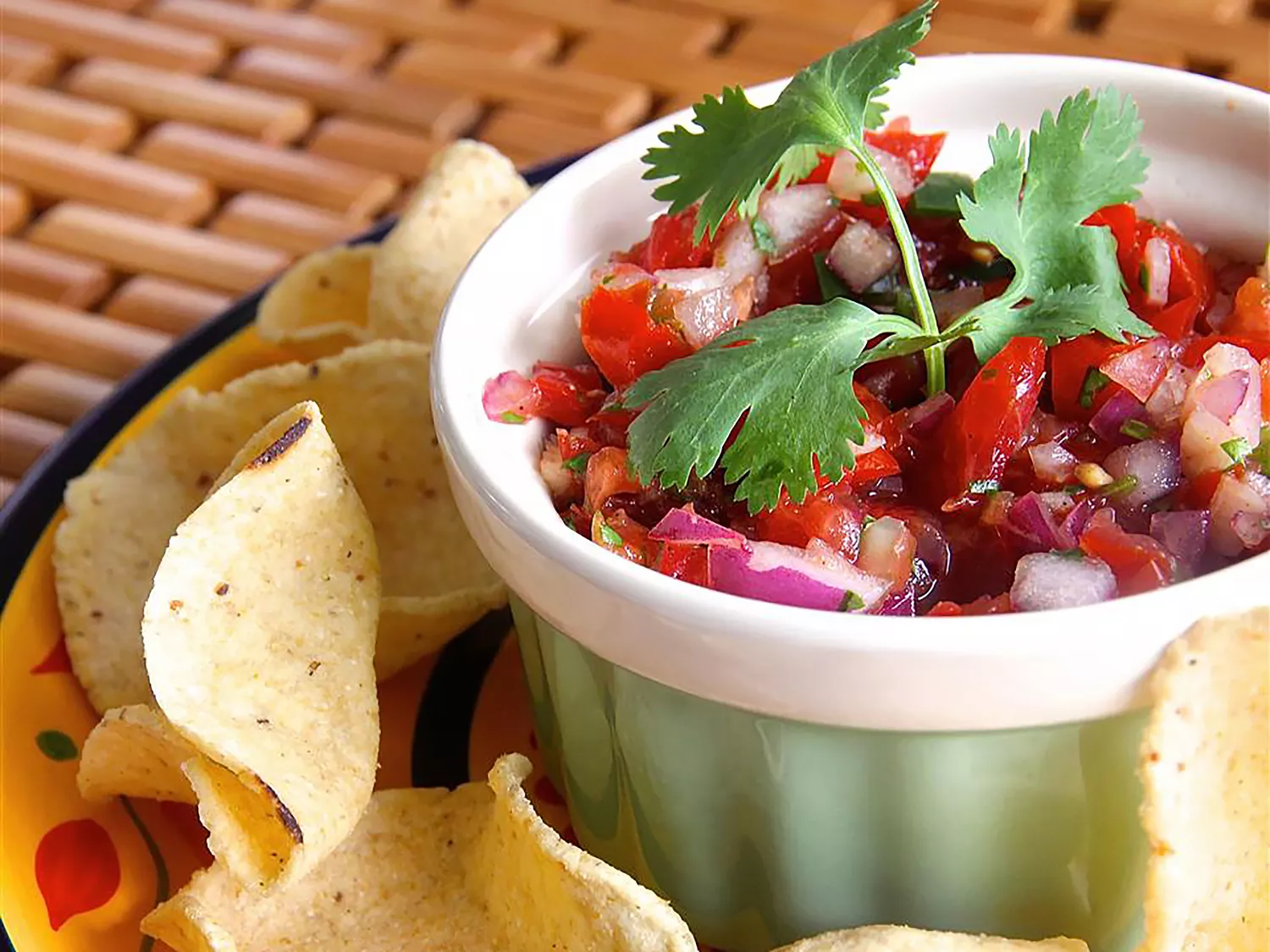 Salsa in a dipping bowl with tortilla chips surrounding it.