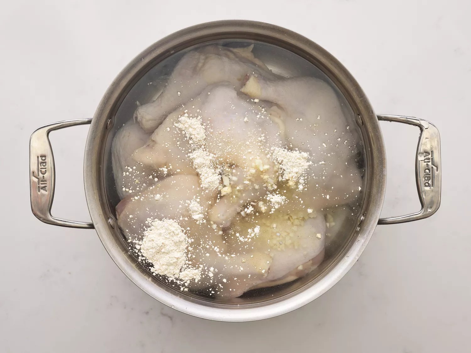 Chicken, minced garlic, salt, and garlic powder in a pot with water 