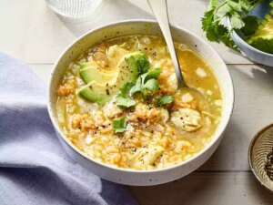 Super close up on a bowl of caldo de pollo