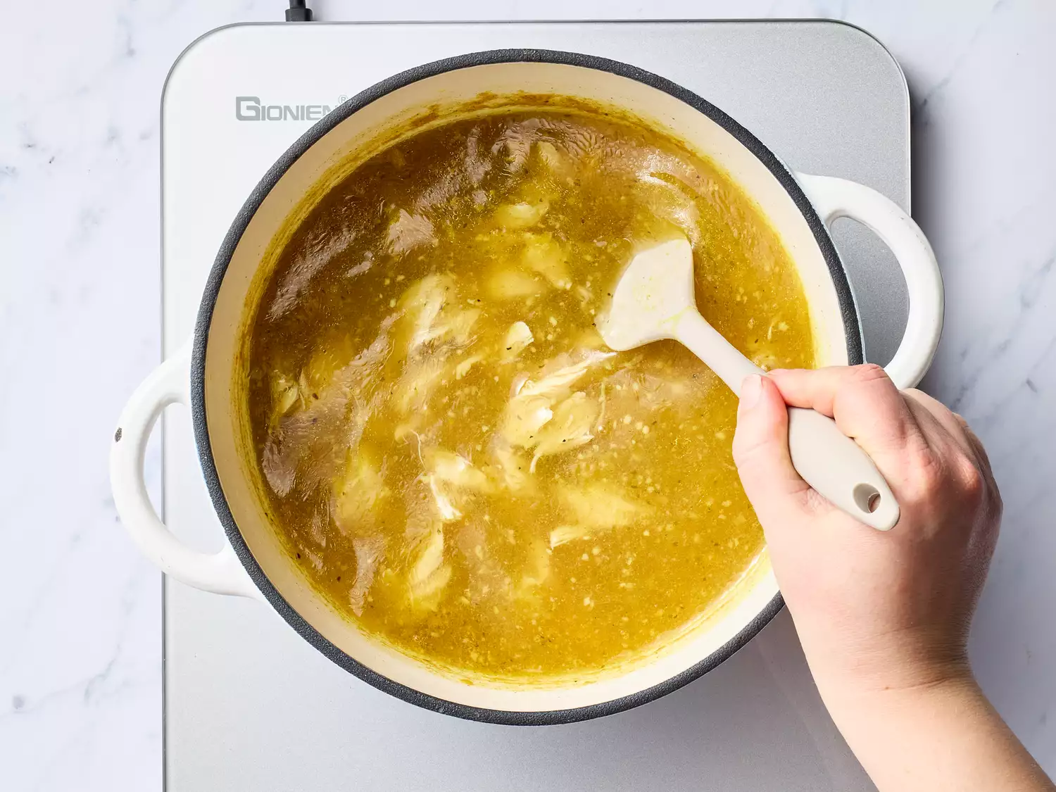 shredded chicken and onion added and stirred into the pot