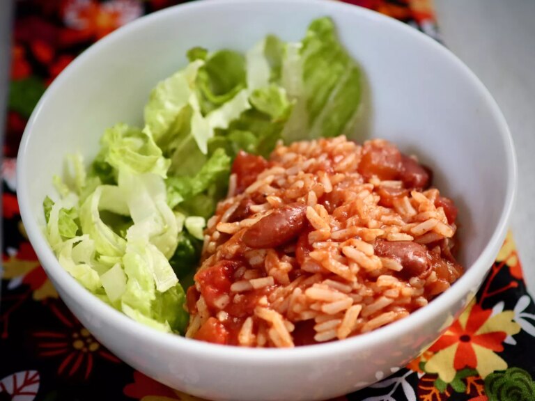 Bowl of mexican rice with lettuce