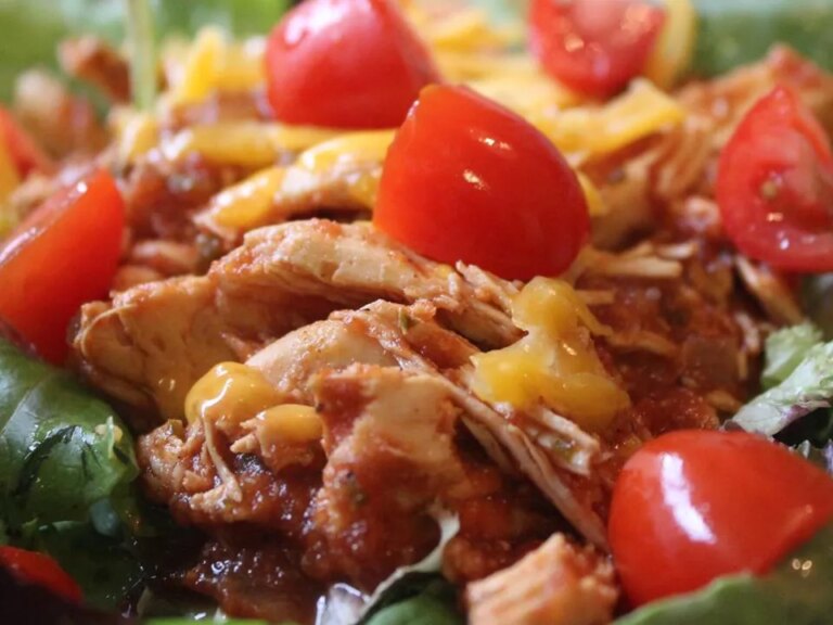 Close up view of spicy chicken with cheese and tomatoes