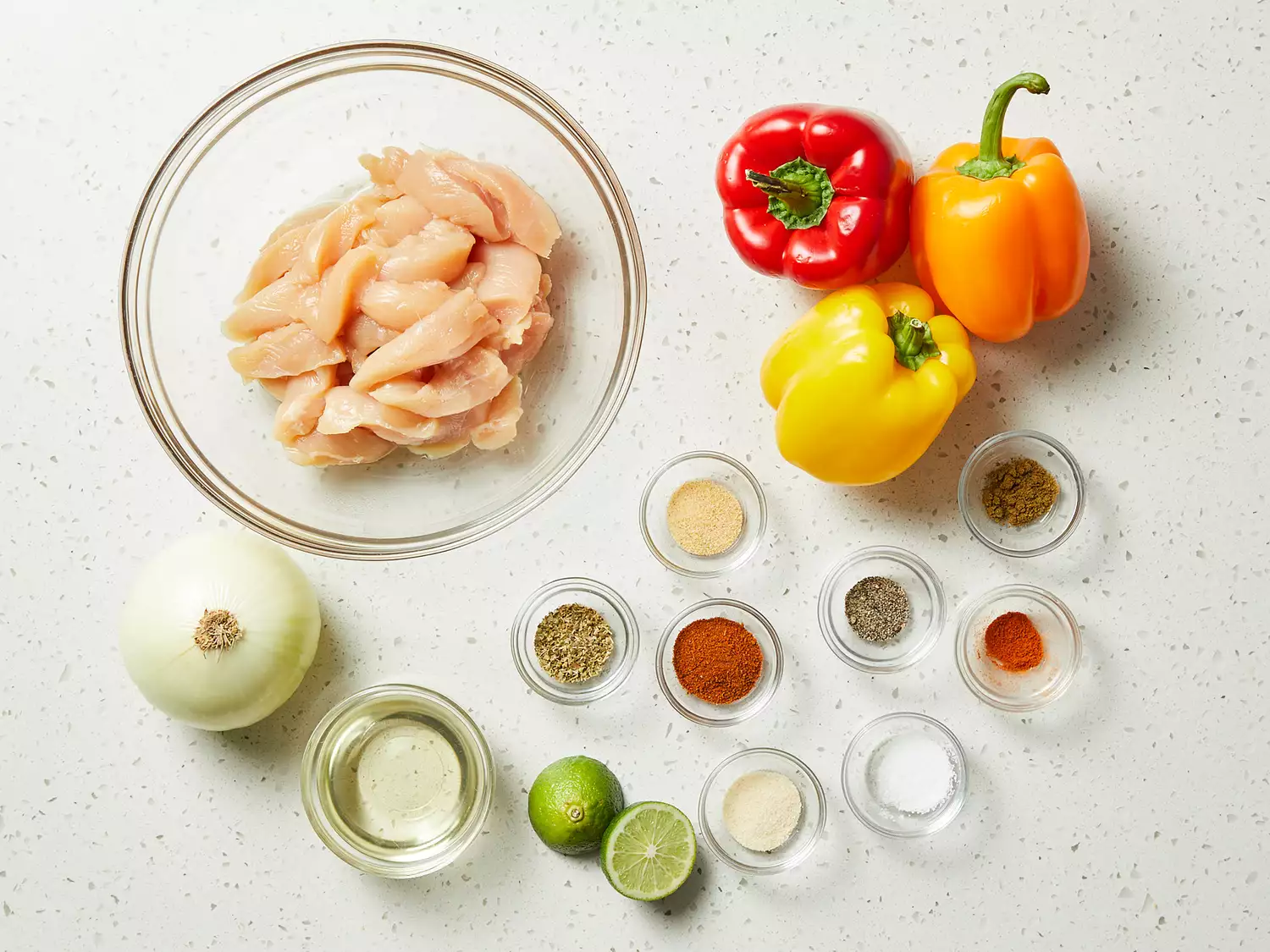 an overhead shot of all ingredients for Sheet Pan Chicken Fajitas