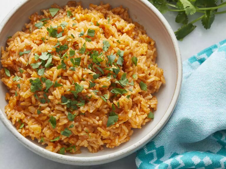 Overhead angle looking down at a large bowl of mexican rice