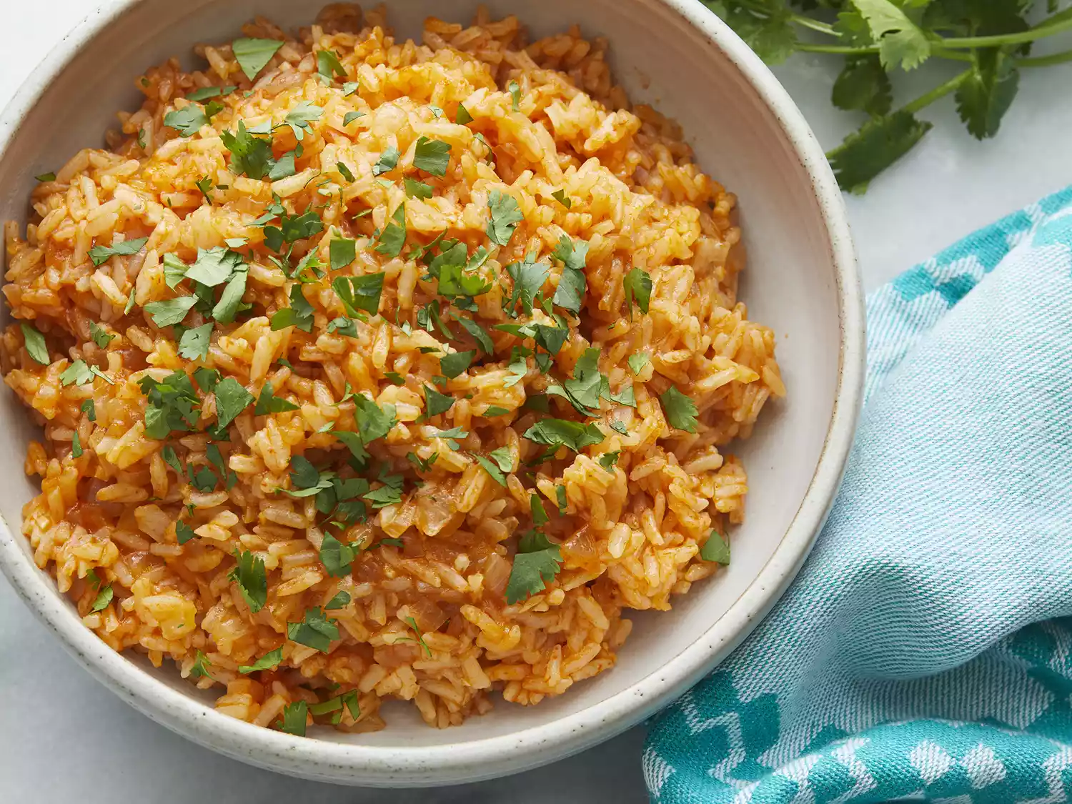 Overhead angle looking down at a large bowl of mexican rice