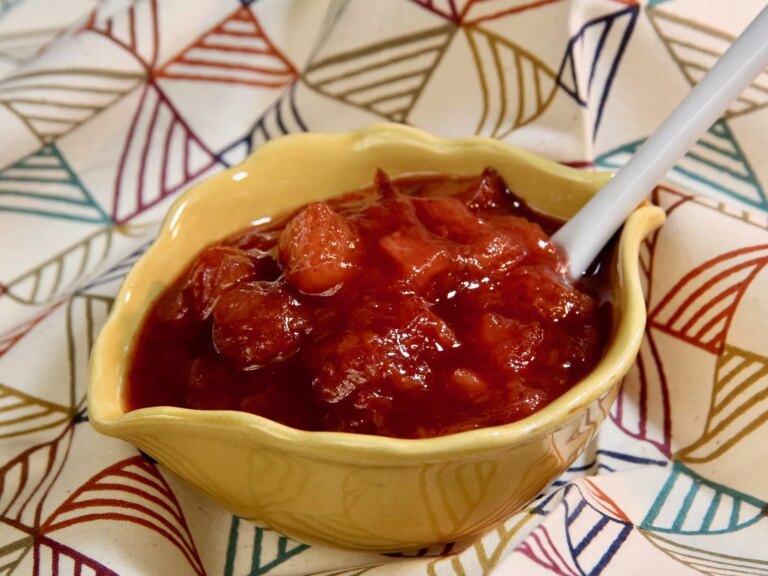 Plum chutney in yellow leaf shaped bowl