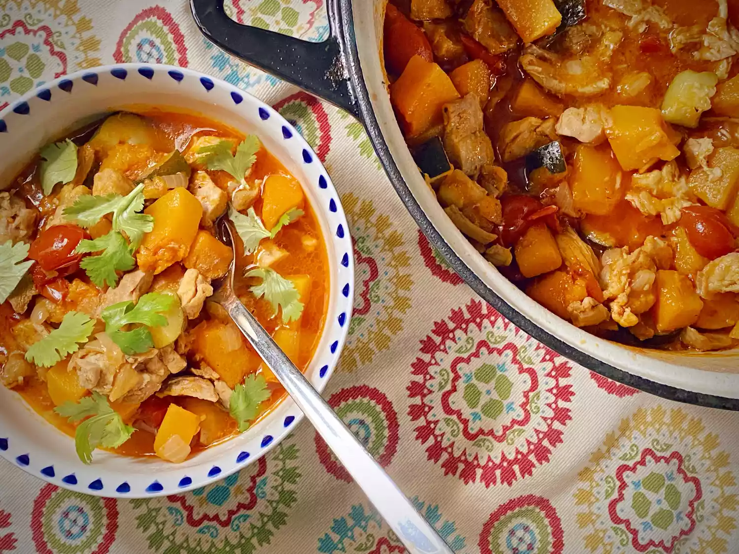 Calabaza squash and chicken in bowl garnished with cilantro and large pot on the side