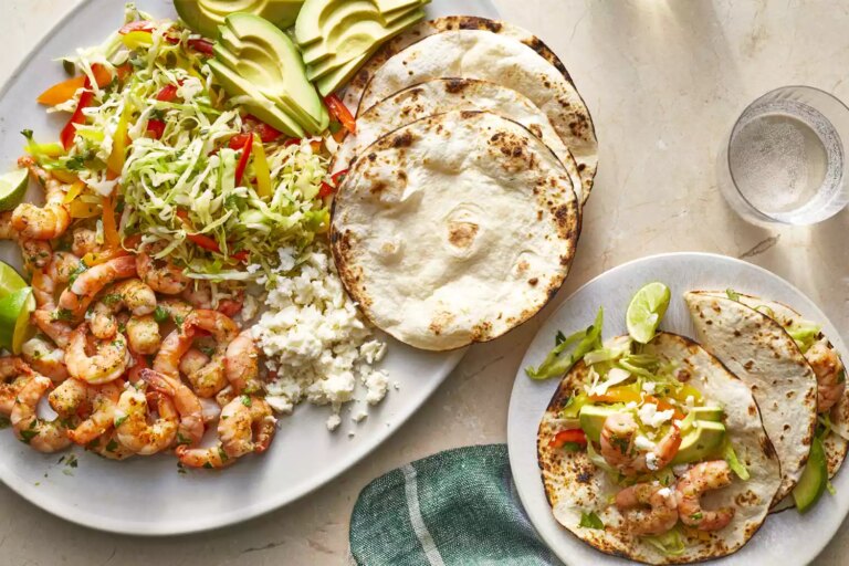 An overhead view on air fryer shrimp tacos.