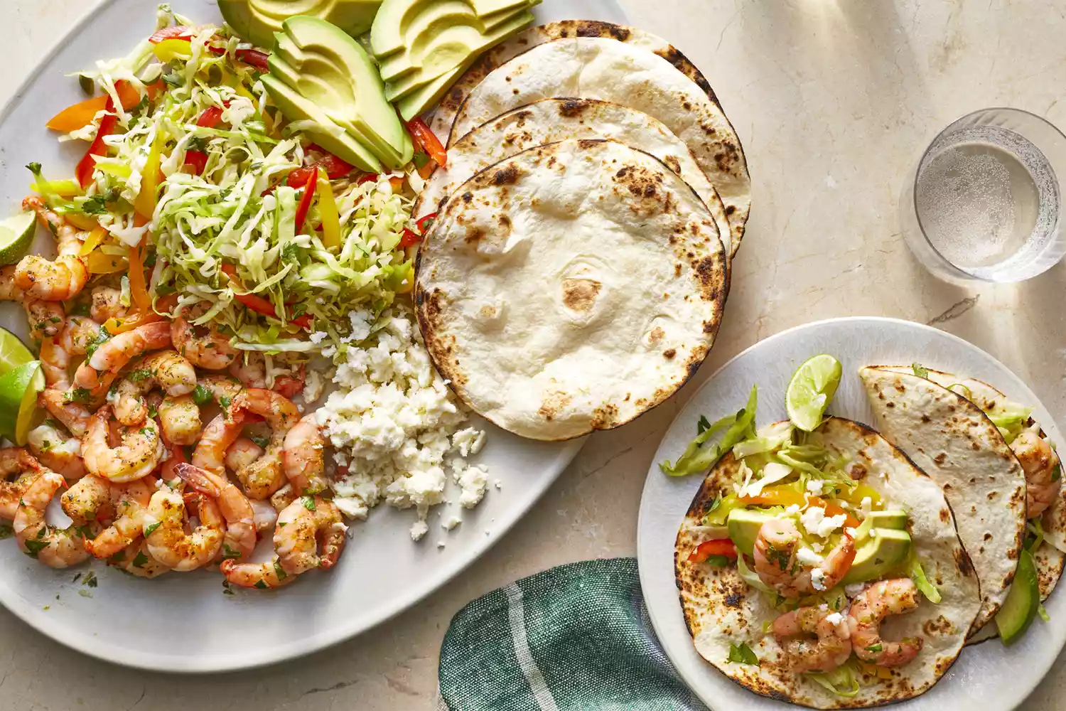 An overhead view on air fryer shrimp tacos.