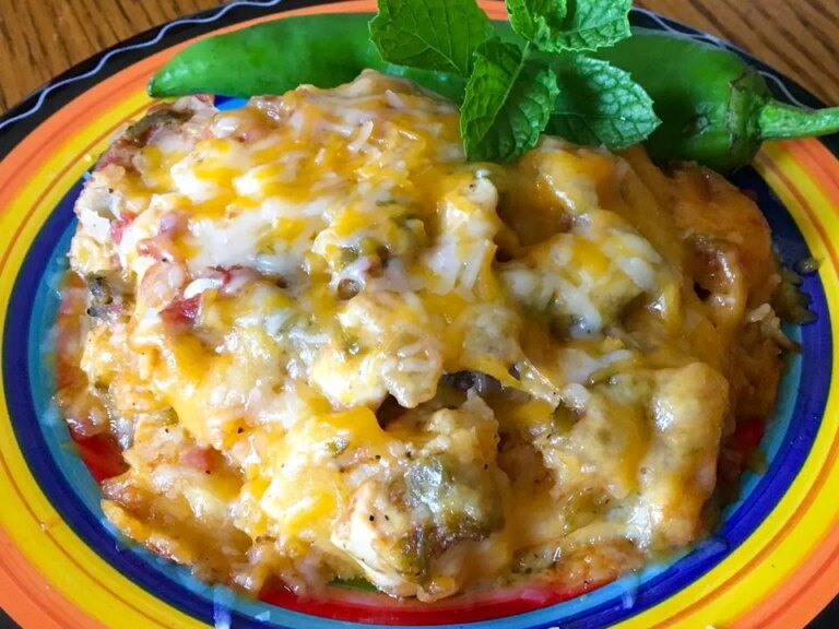 Close up view of hatch chile enchilada pie garnished with fresh herbs and a pepper in a colorful bowl