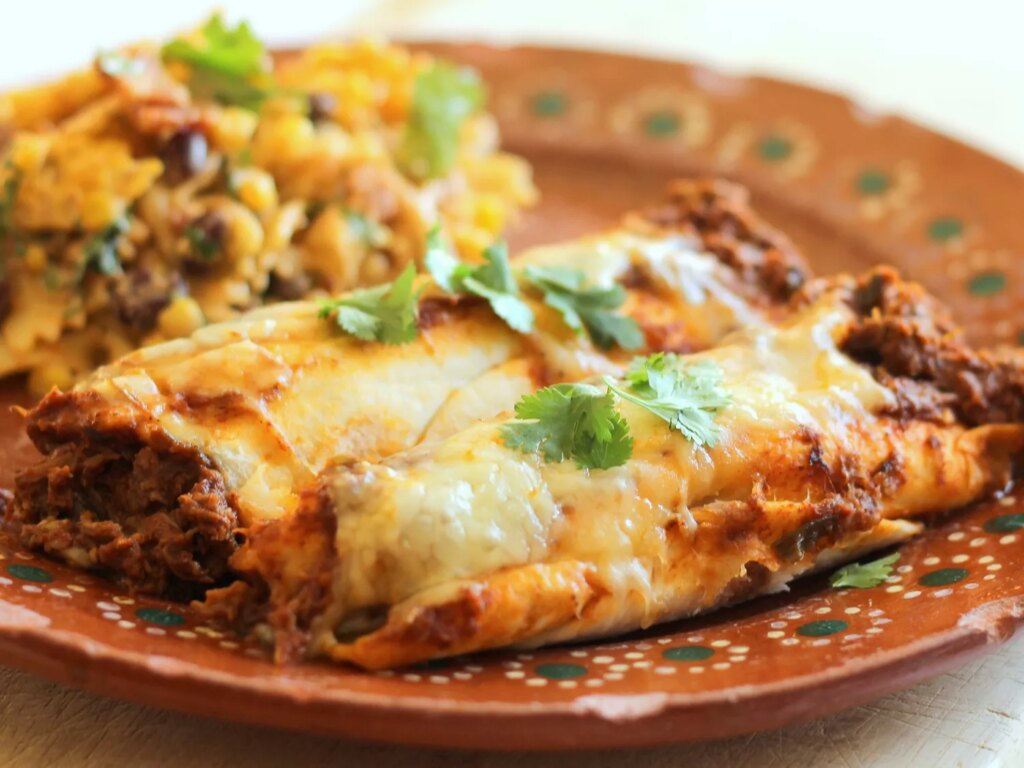 Close up view of carne asada enchiladas garnished with fresh herbs, served with rice on a brown plate