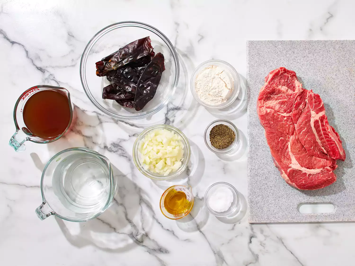 All ingredients gathered to make Chile Colorado.