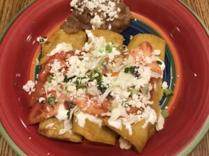 Close up view of authentic mexican enchiladas garnished with cheese, served with refried beans on a colorful plate