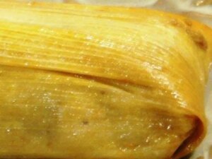 Close up view of a sweet tamale with pineapple and coconut