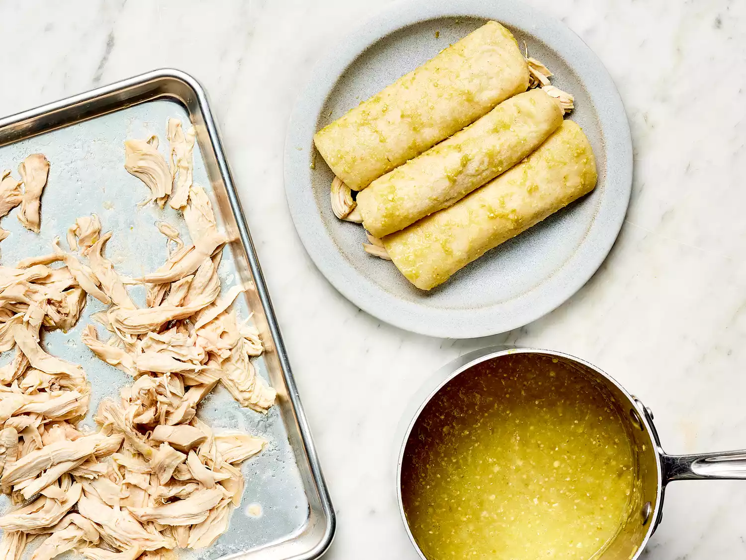 Chicken on a baking sheet, next to green salsa in a saucepan and Enchiladas Verdes on a plate 